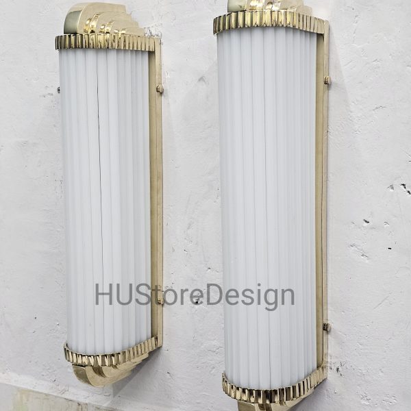 Art Deco Brass Wall Sconces – White Twisted Glass Rod Wall Lights (Set of 2, 20-Inch Vintage Glamour Lighting)