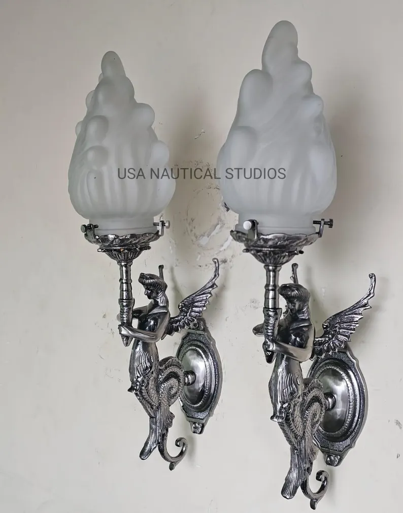Pair of Silver Mermaid Wall Sconce Lights – Vintage Nautical Wall Lamp with Frosted Flame Glass Shade, E27 Nickel Finish