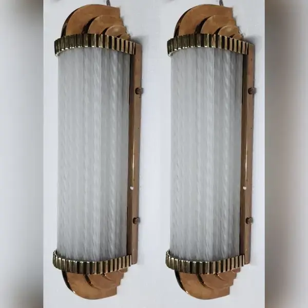 Pair of Skyscraper Vintage Art Deco Brass & Frosted Ribbed Glass Wall Sconces | 17-Inch Antique Ship-Style Light Fixtures