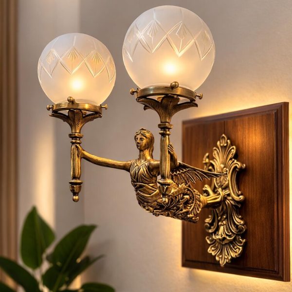 Vintage Angel Mermaid Wall Sconce – Double Globe Brass Wall Light Art Deco French Style