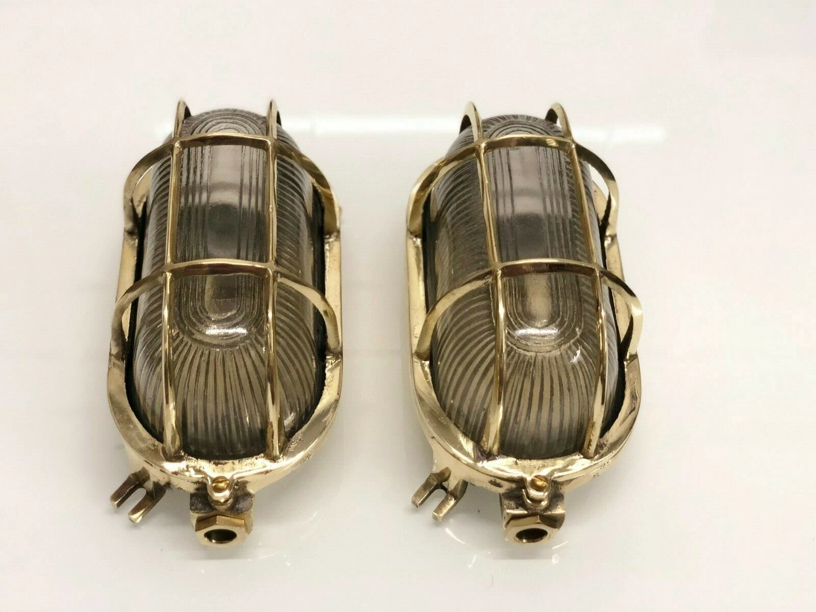 Vintage Nautical Brass Bulkhead Wall Light – Oval Marine Passageway Cage Lamp