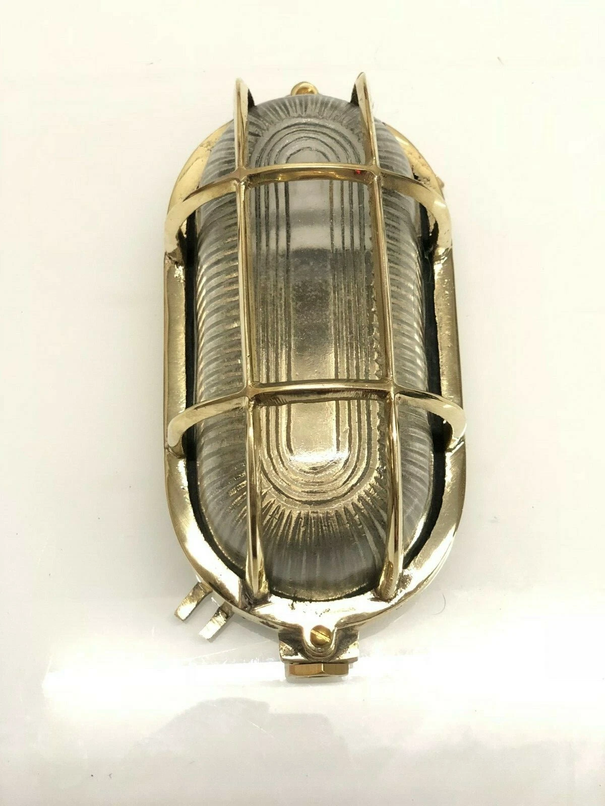 Vintage Nautical Brass Bulkhead Wall Light – Oval Marine Passageway Cage Lamp