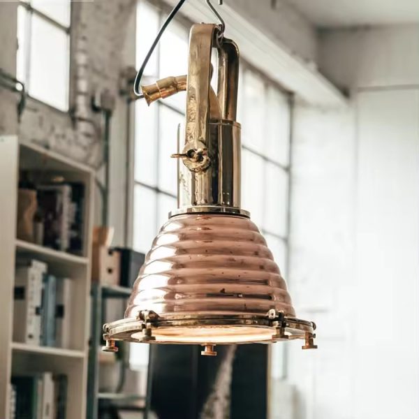 Wiska brass cargo hold light with ribbed copper shade and waterproof bend – vintage nautical ceiling pendant lamp inspired by German marine fixtures.