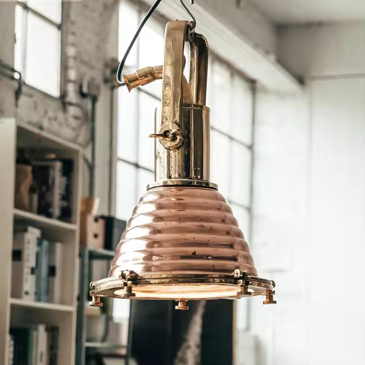 2a (1) Wiska brass cargo hold light with ribbed copper shade and waterproof bend – vintage nautical ceiling pendant lamp inspired by German marine fixtures.