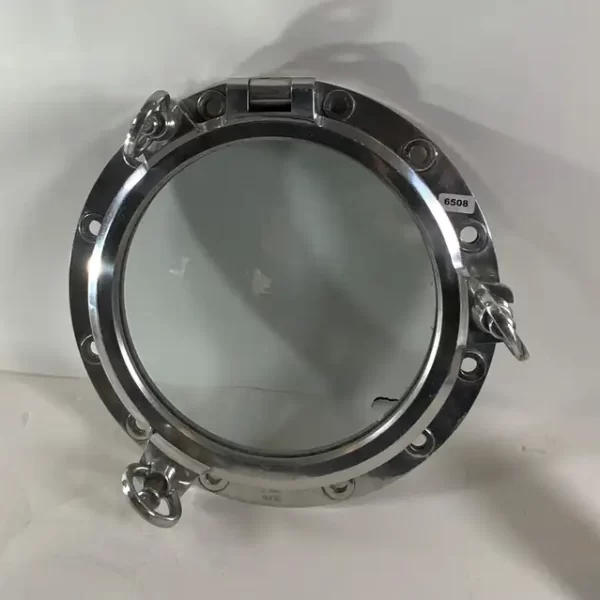 20-inch aluminum marine porthole window with glass, nautical ship-style wall mirror or decorative hatch for coastal and maritime interiors.