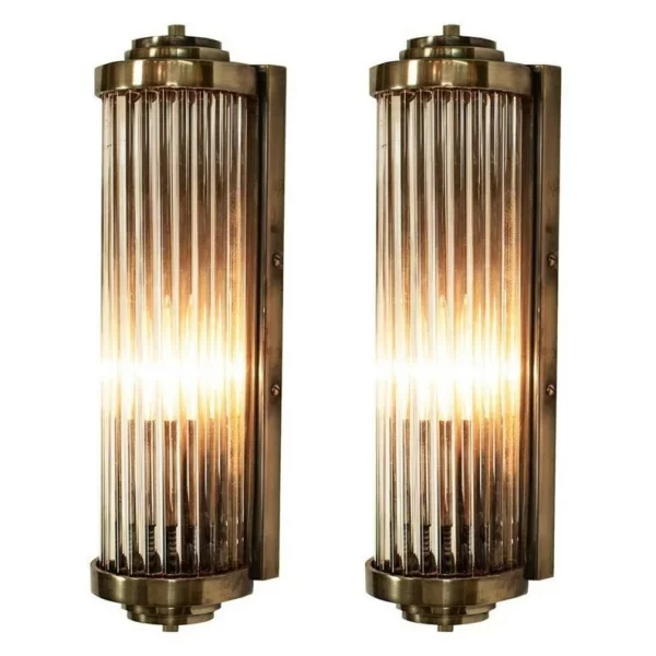 Pair "Art Deco Fluted Glass & Antique Brass Sconce - 15" Industrial Chic Wall Light"