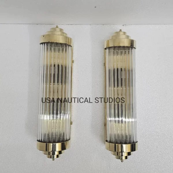 Pair of Vintage Brass Glass Wall Sconce | Art Deco Tube Light Fixture | Industrial Nautical Passage Lamp