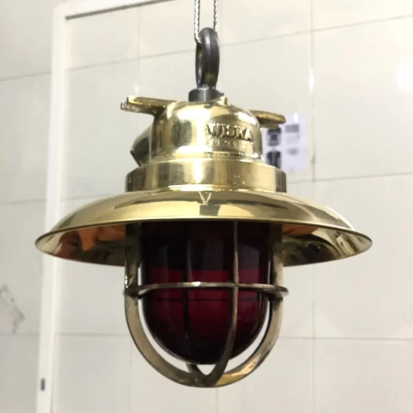 Nautical Vintage Wiska Brass Ceiling Light | Red Glass Shade Hanging Pendant | Marine Ship Bulkhead Ceiling Fixture