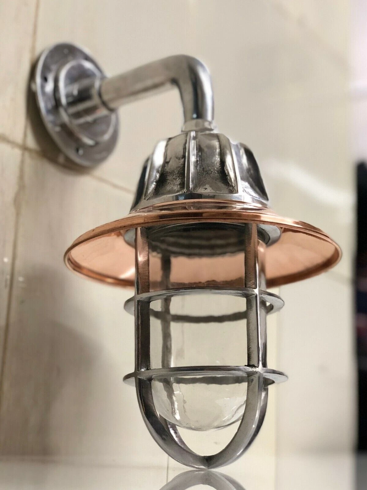 Aluminum Nautical Wall Sconce with Copper Shade | Marine Bulkhead Cage Light Fixture | 13-Inch Industrial Coastal Wall Lamp for Indoor & Outdoor Decor