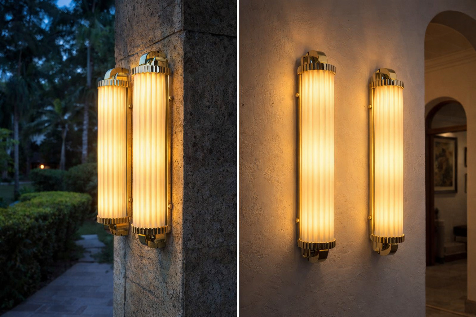 Art Deco sconces in outdoor and indoor settings