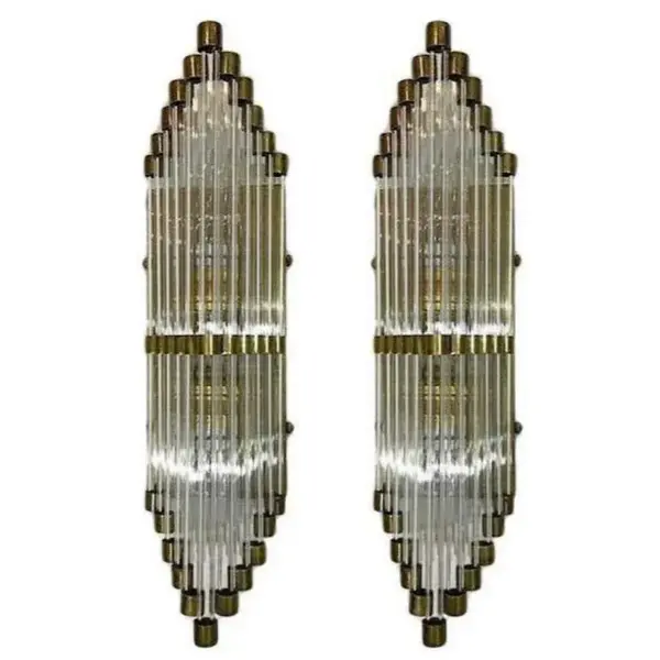 Pair of Skyscraper Vintage Art Deco Brass & Glass Rod Ship Lights – Antique Wall Sconces Fixture