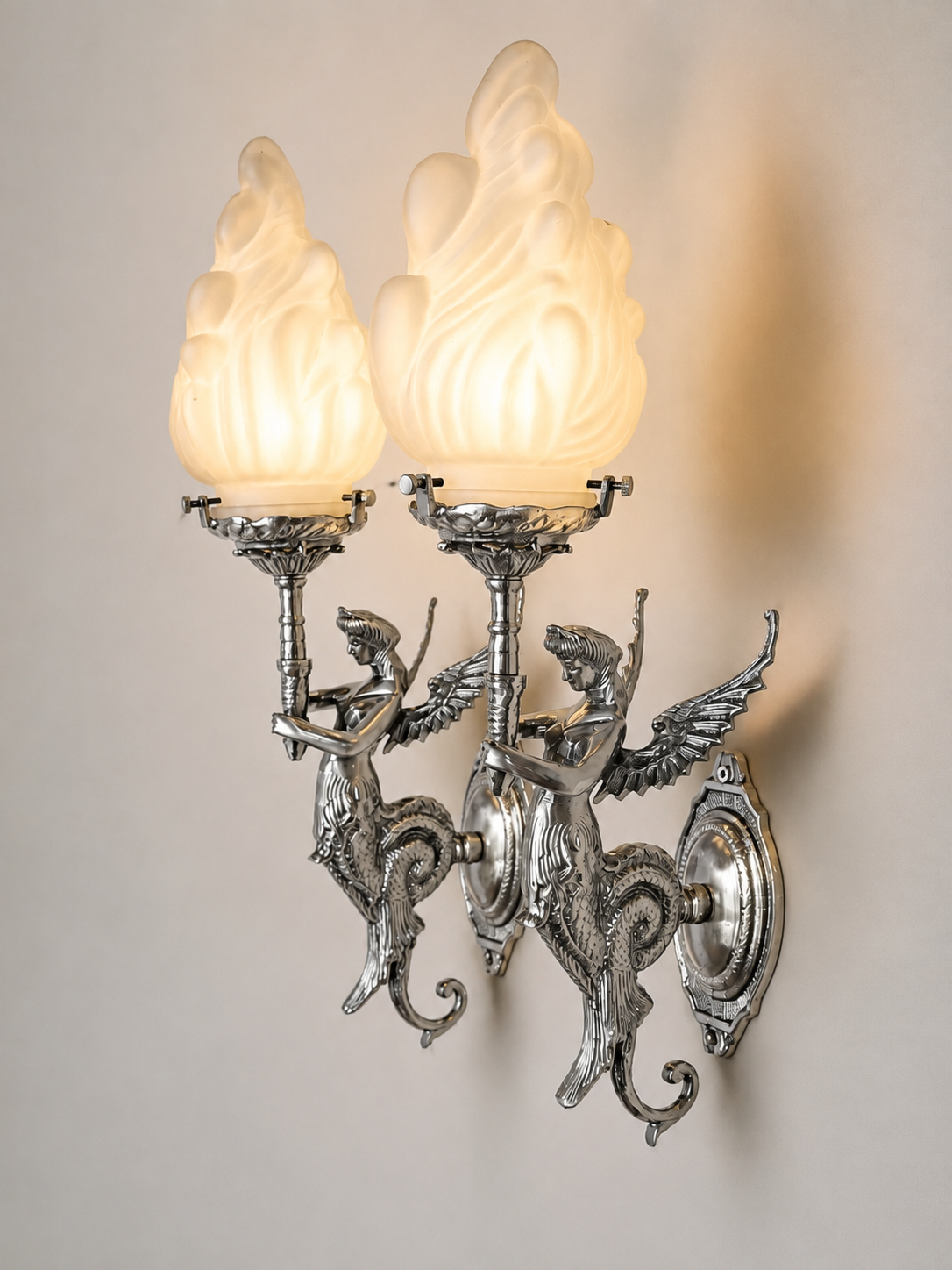 Pair of Silver Mermaid Wall Sconce Lights – Vintage Nautical Wall Lamp with Frosted Flame Glass Shade, E27 Nickel Finish