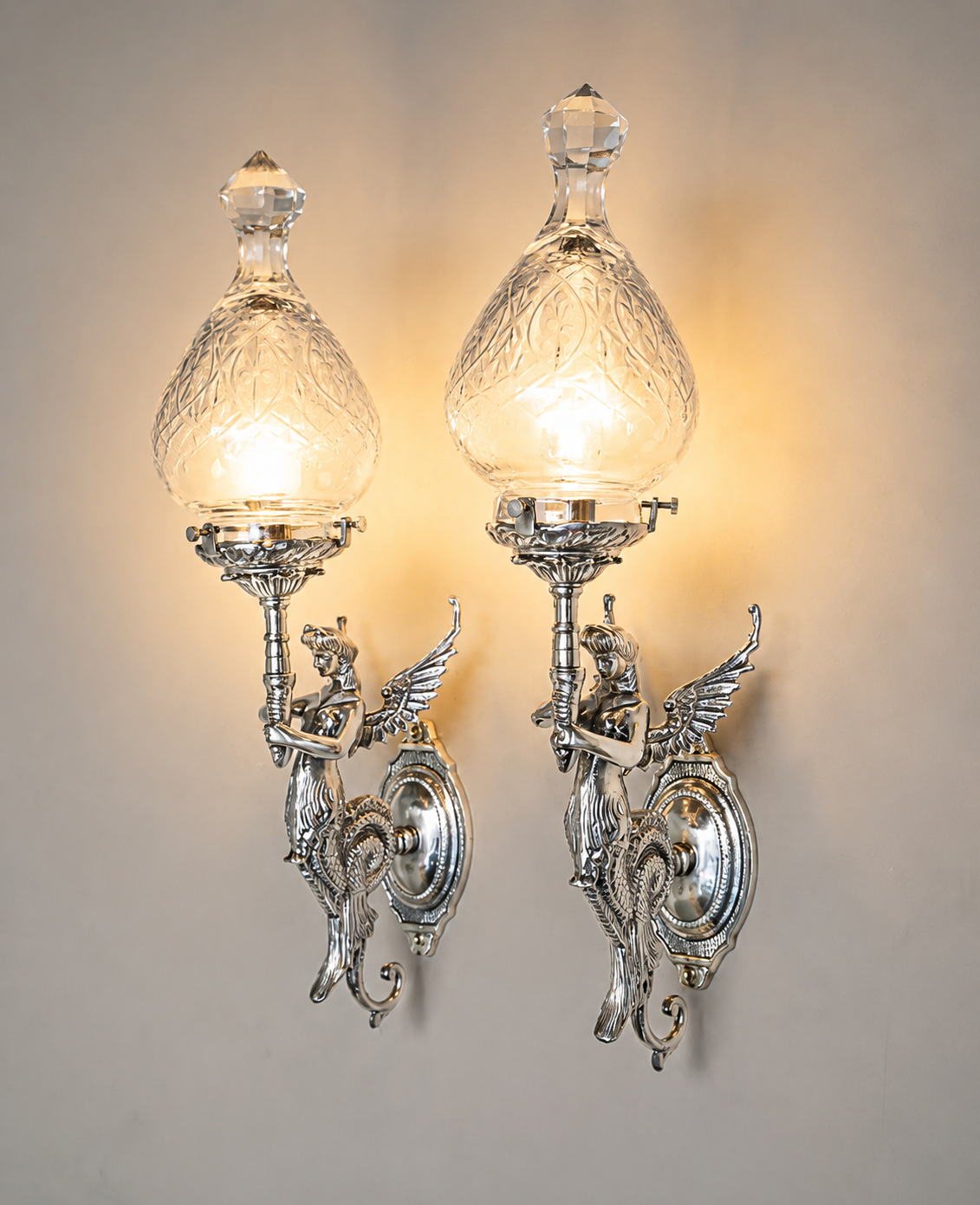 Pair of Silver Mermaid Wall Sconce Lights with Crystal Glass Shade – Vintage Victorian Nautical Wall Lamps, E27 Nickel Finish
