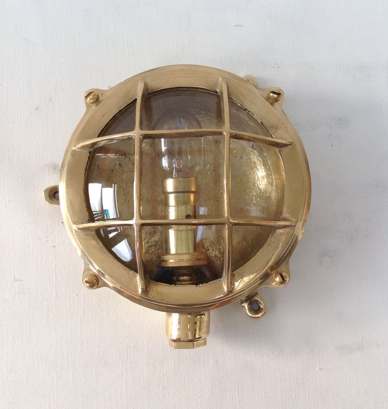 Vintage Brass Round Bulkhead Light – Nautical Marine Cage Lamp | Industrial Wall or Ceiling Fixture