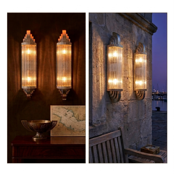 Pair Art Deco Wall Sconces – Nickel Finish & Ribbed Glass Rod Light | Luxury Vintage Skyscraper Style Wall Lamps