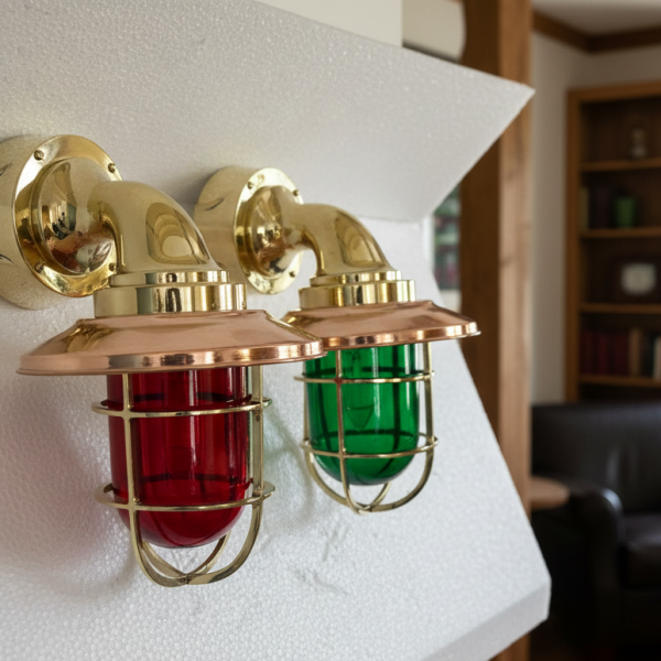 Set of 2 Nautical Brass Port & Starboard Wall Lights – Marine Passageway Bulkhead Lamps with Copper Shade (Red & Green Glass)