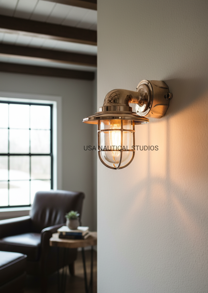 Nautical Solid Brass & Copper Wall Light with Shade – Vintage Marine Passageway Fixture