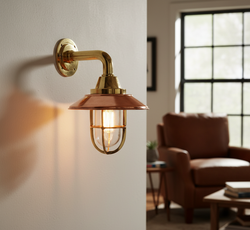 Vintage Brass & Copper Nautical Bulkhead Wall Sconce – Marine Passageway Light Fixture | Coastal Wall Lamp