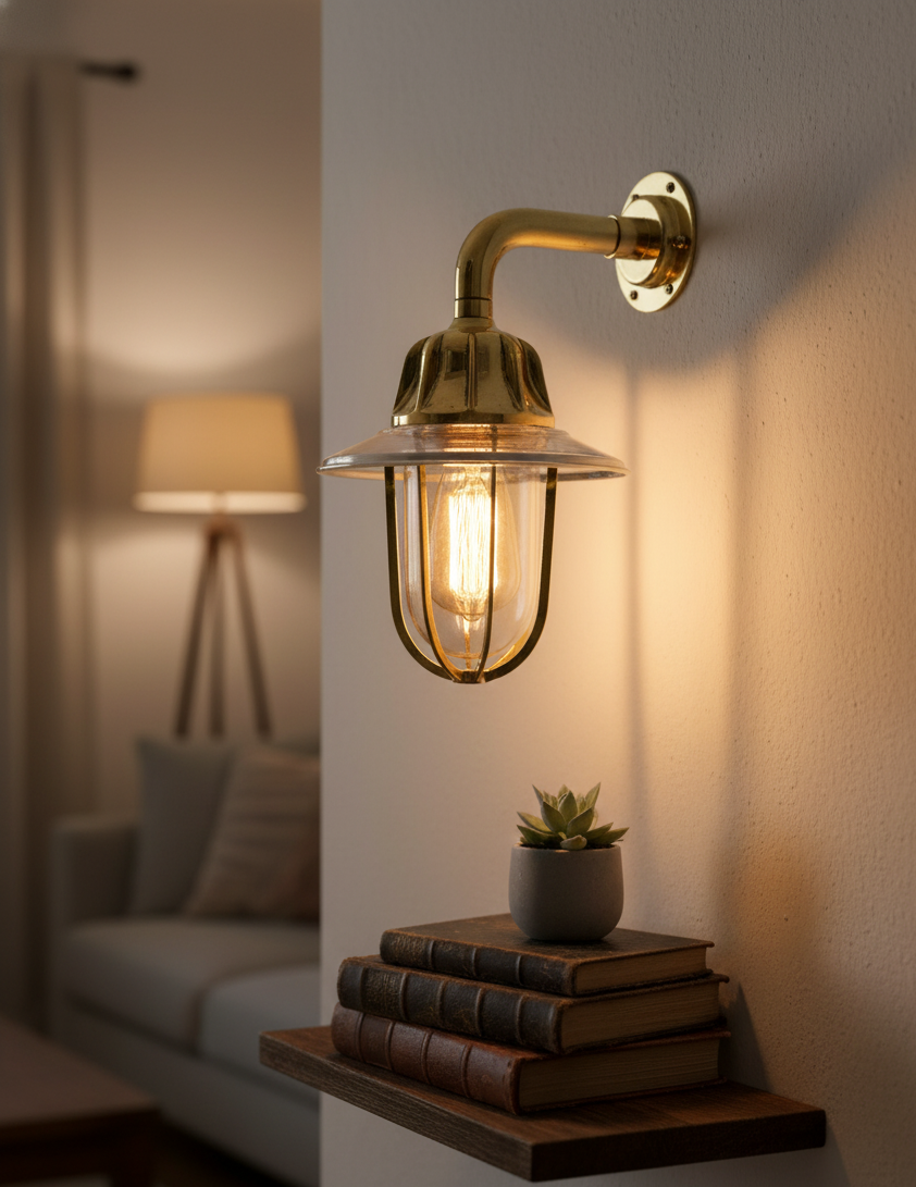 Brass Wall Sconce Lamp with Aluminum Shade | 13-Inch Industrial Loft Wall Light | Vintage Nautical Brass & Glass Wall Fixture for Indoor & Outdoor Decor