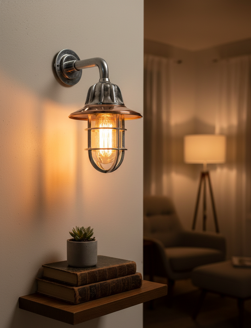 Aluminum Nautical Wall Sconce with Copper Shade | Marine Bulkhead Cage Light Fixture | 13-Inch Industrial Coastal Wall Lamp for Indoor & Outdoor Decor