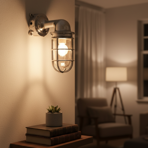 Industrial Marine Aluminum Wall Sconce with Cage & Junction Box — perfect for nautical, industrial, and outdoor décor.