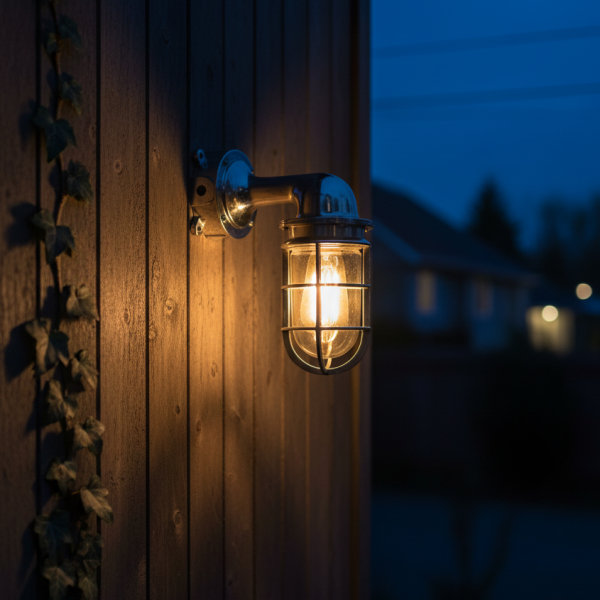 Industrial Marine Aluminum Wall Sconce with Cage & Junction Box — perfect for nautical, industrial, and outdoor décor.