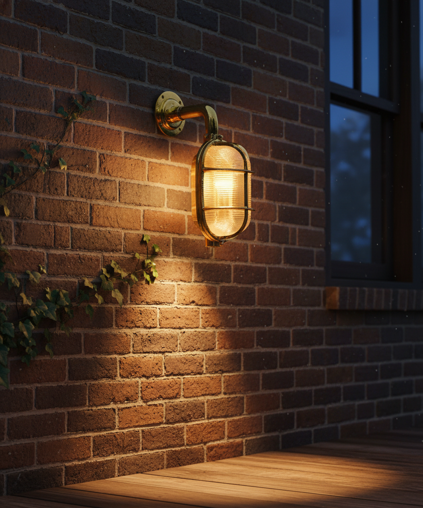 Vintage Industrial Brass Bulkhead Light – Authentic nautical ship wall lamp with ribbed glass lens. “Vintage industrial brass bulkhead wall light with ribbed glass and cage guard – nautical ship lamp”