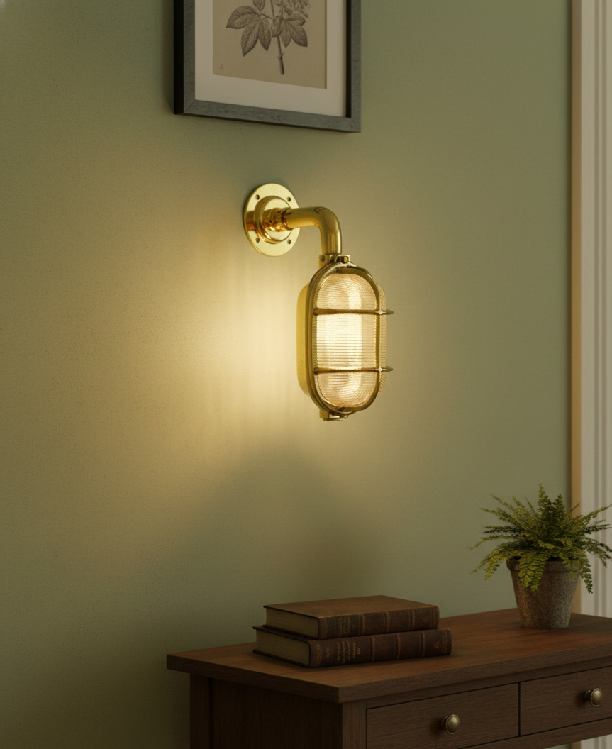 Vintage Industrial Brass Bulkhead Light – Authentic nautical ship wall lamp with ribbed glass lens. “Vintage industrial brass bulkhead wall light with ribbed glass and cage guard – nautical ship lamp”