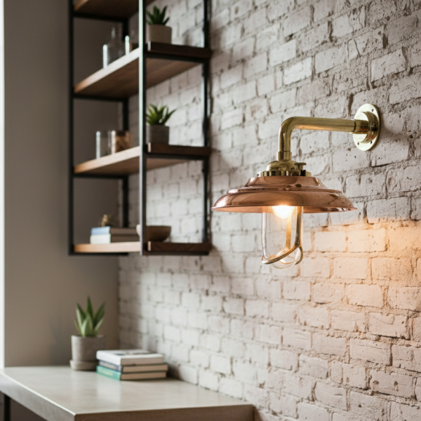 “Vintage brass bulkhead wall light with copper shade and glass globe — nautical marine cage lamp”