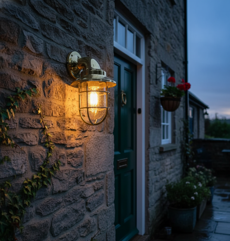Brass Wall Mount Bulkhead Light – Industrial Nautical Mini Shade Lamp | Outdoor & Indoor Marine Fixture
