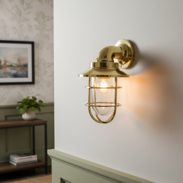“Solid brass wall mount bulkhead lamp with cage and mini shade – industrial nautical outdoor light fixture.”