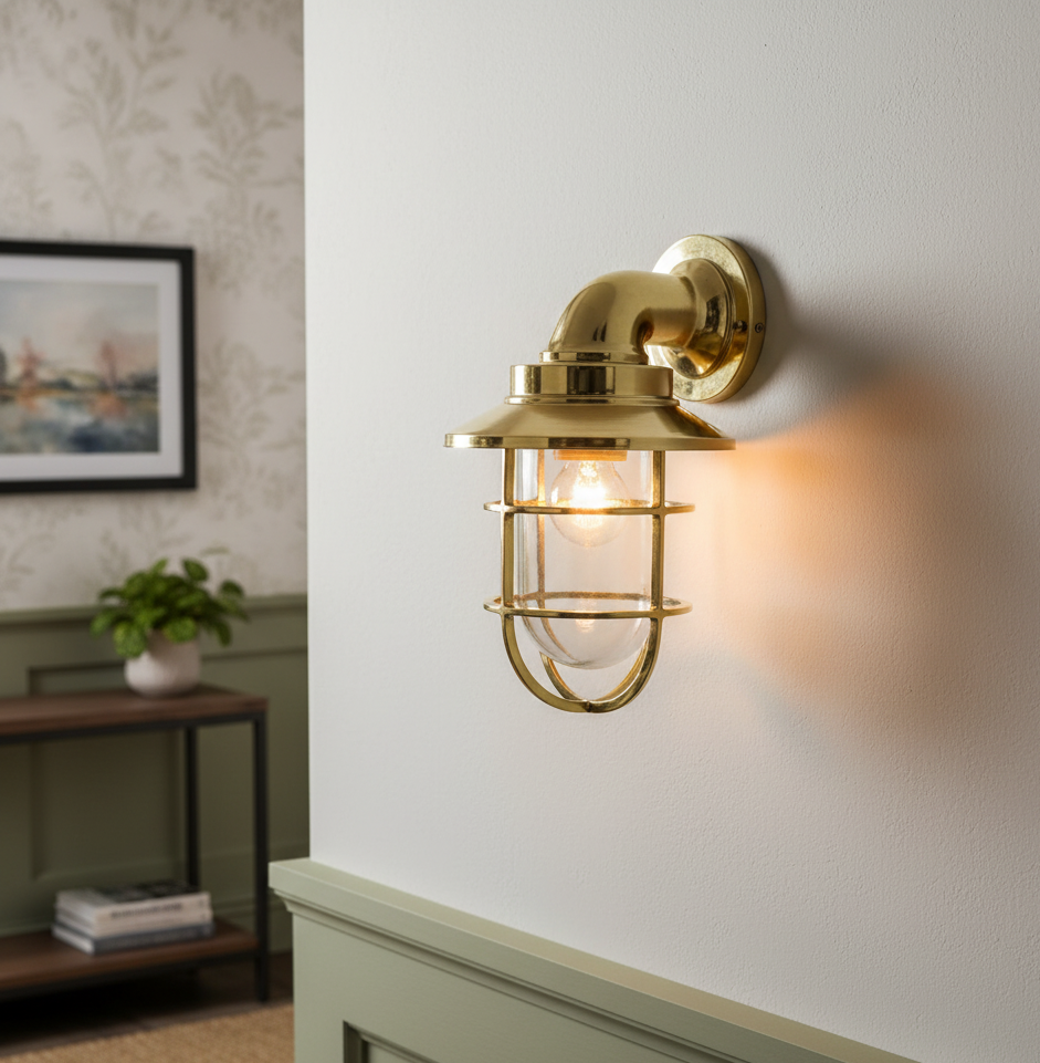 Brass Wall Mount Bulkhead Light – Industrial Nautical Mini Shade Lamp | Outdoor & Indoor Marine Fixture “Solid brass wall mount bulkhead lamp with cage and mini shade – industrial nautical outdoor light fixture.”