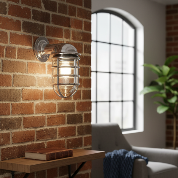 Nautical Aluminum Ship Passageway Wall Light – Vintage Marine Bulkhead Cage Fixture.