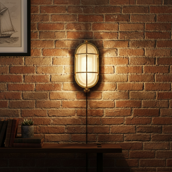 “Pair of brass oval nautical bulkhead lights with ribbed glass and protective cage.”