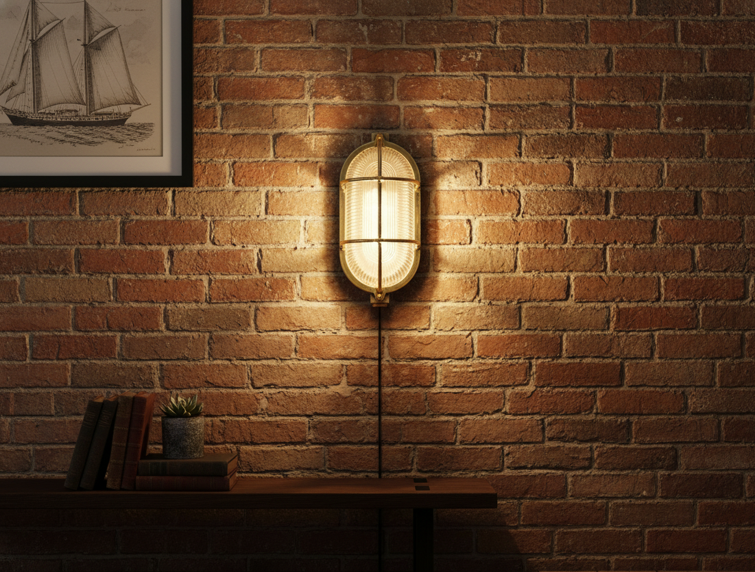 Vintage Brass Oval Bulkhead Lights – Ribbed Glass Nautical Cage Wall & Ceiling Fixtures | Marine Industrial Ship Lamps “Pair of brass oval nautical bulkhead lights with ribbed glass and protective cage.”