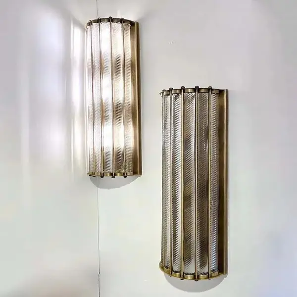 Large Pair of Vintage Art Deco Brass & Ribbed Glass Rod Ship Lights – Antique Wall Sconces Fixture