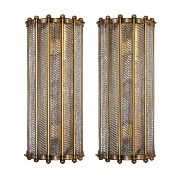Pair Of Old Vintage Art Deco Brass & Glass Rod Ship Light Wall Sconces Lamp