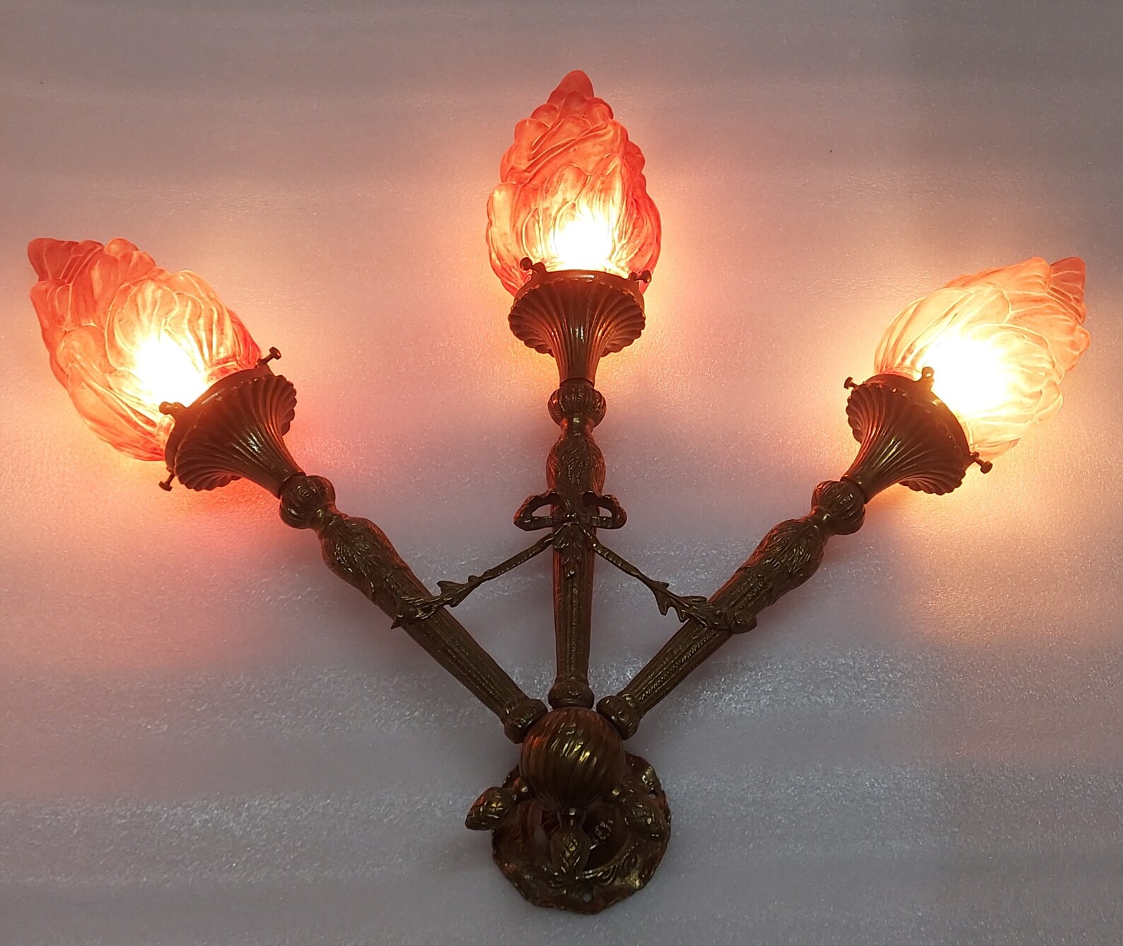 PAIR VINTAGE ART DECO NOUVEAU BRASS RED 3