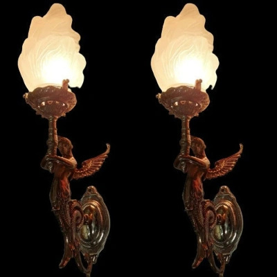 Pair Vintage Art Nouveau Deco light Old Lamp Mermaid Wall Sconces Fixture Brass & Glass Light Antique Lamp