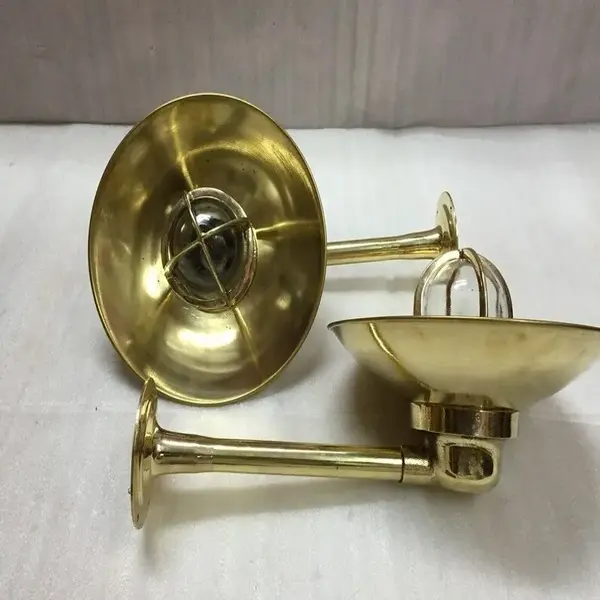 Pair of Old Nautical Passageway Swan Wiska Ship Wall Light with Brass Deflector Cover
