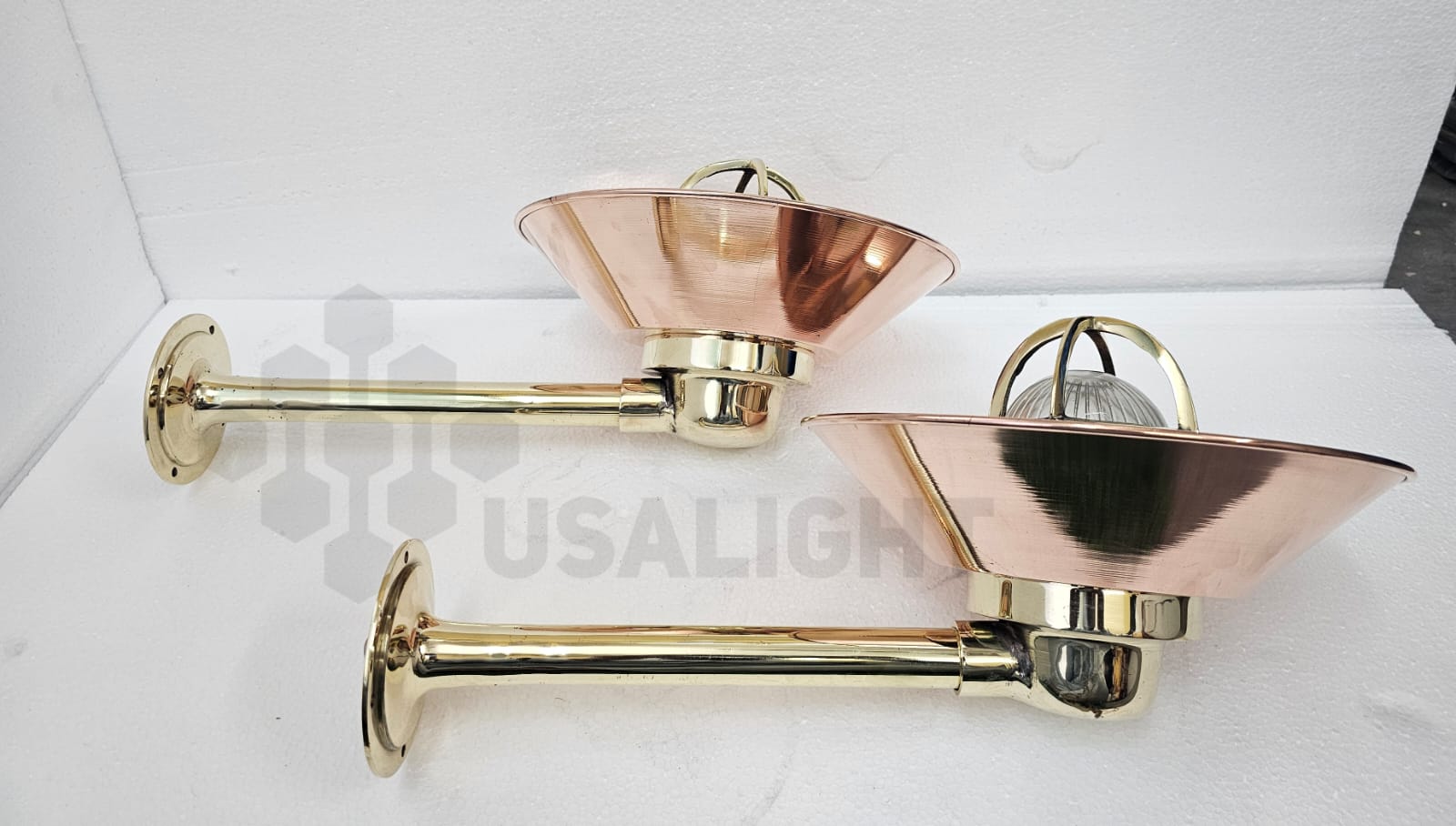 Vintage Brass Bulkhead Wall Light with Large Copper Shade – Nautical Industrial Wall Sconce (16”)