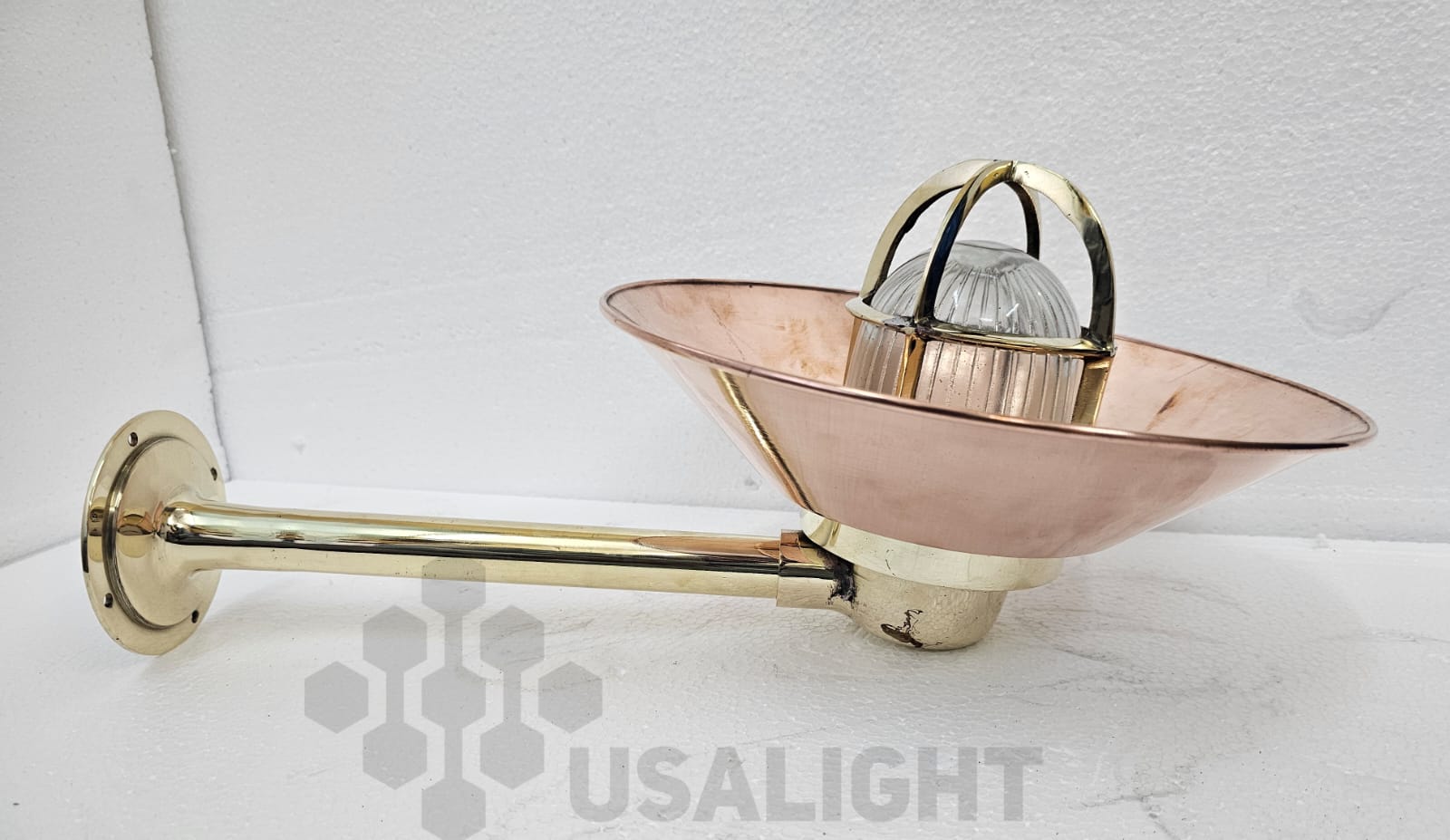 Vintage Brass Bulkhead Wall Light with Large Copper Shade – Nautical Industrial Wall Sconce (16”)