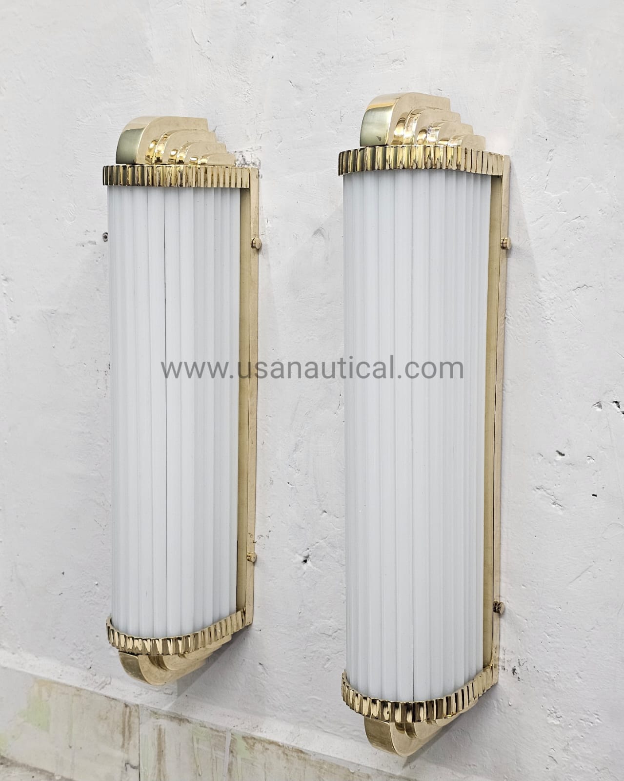Pair Art Deco Brass Wall Sconces – Frosted Ribbed Glass Rod Light | Luxury Vintage Skyscraper Wall Lamps