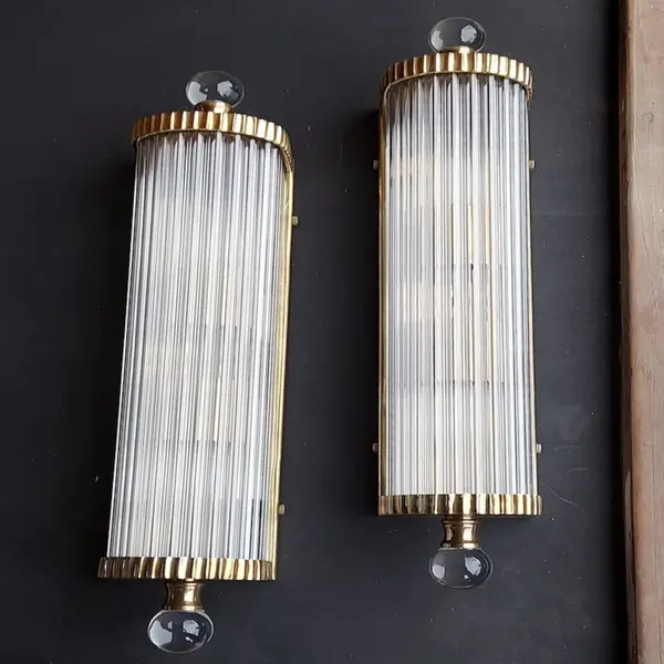 Pair of Vintage Art Deco Brass Wall Sconces with Glass Rods – Antique Ship-Style Light Fixtures