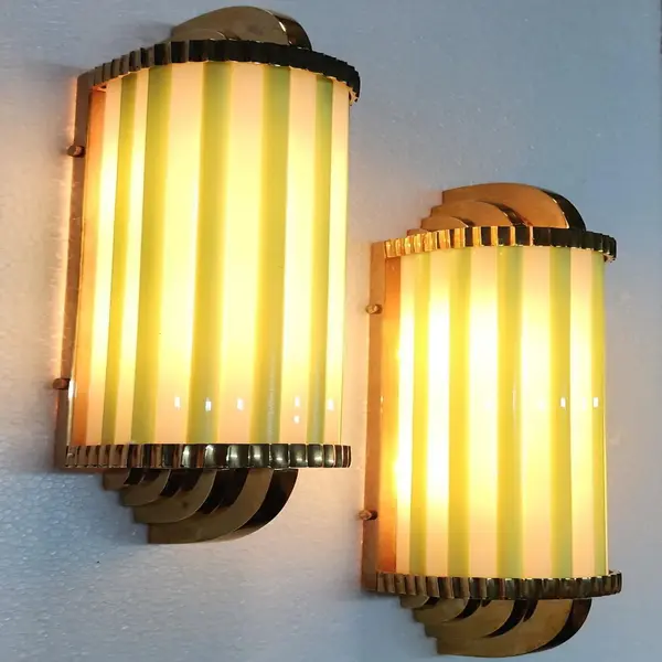 Pair of Antique Art Deco Brass and Glass Rod Ship Light Wall Sconces