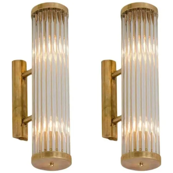Pair Vintage Art Deco Wall Sconces – Brass & Glass Rod Old Ship Light Antique Lamp Fixture