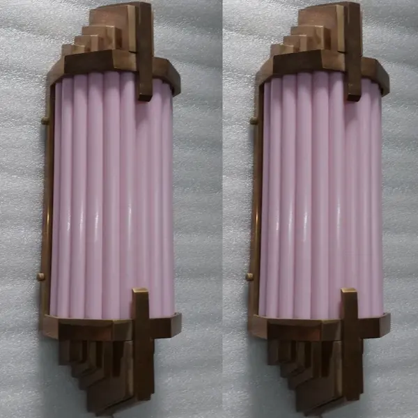 Pair Skyscraper Vintage Art deco light Old Lamp Wall Sconces Fixture Brass & Opaline Pink Glass Rod Ship Light Antique