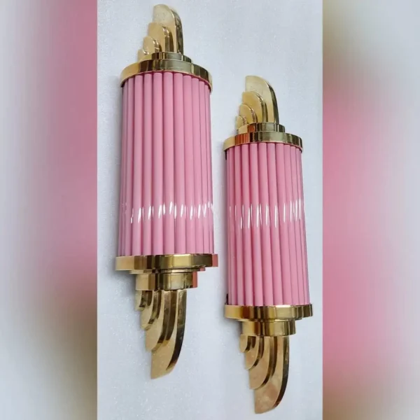 Pair of Skyscraper Vintage Art Deco Brass & Pink Glass Rod Wall Sconces | 19-Inch Antique Ship Light Fixtures