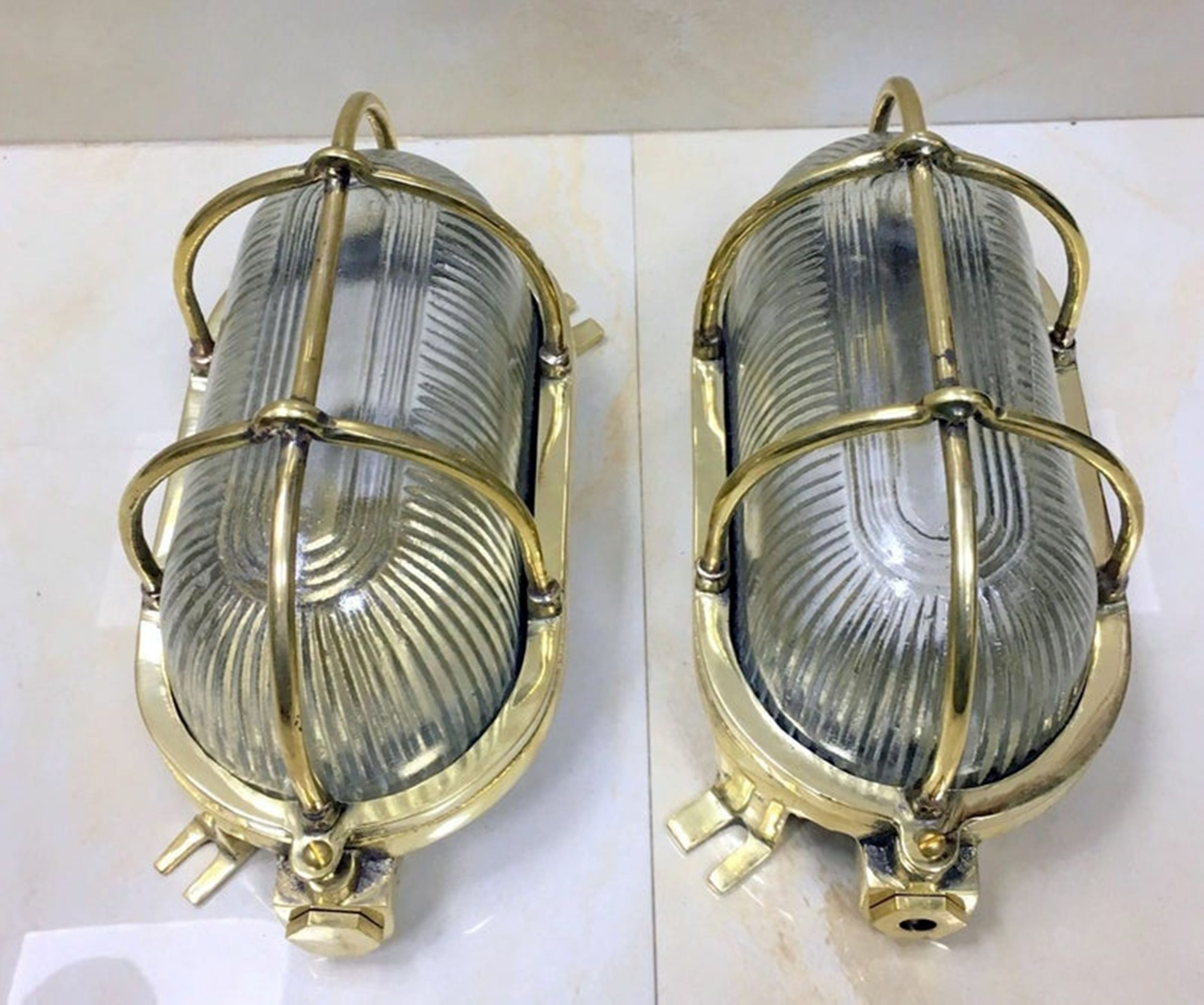Vintage Brass Oval Bulkhead Lights – Ribbed Glass Nautical Cage Wall & Ceiling Fixtures | Marine Industrial Ship Lamps