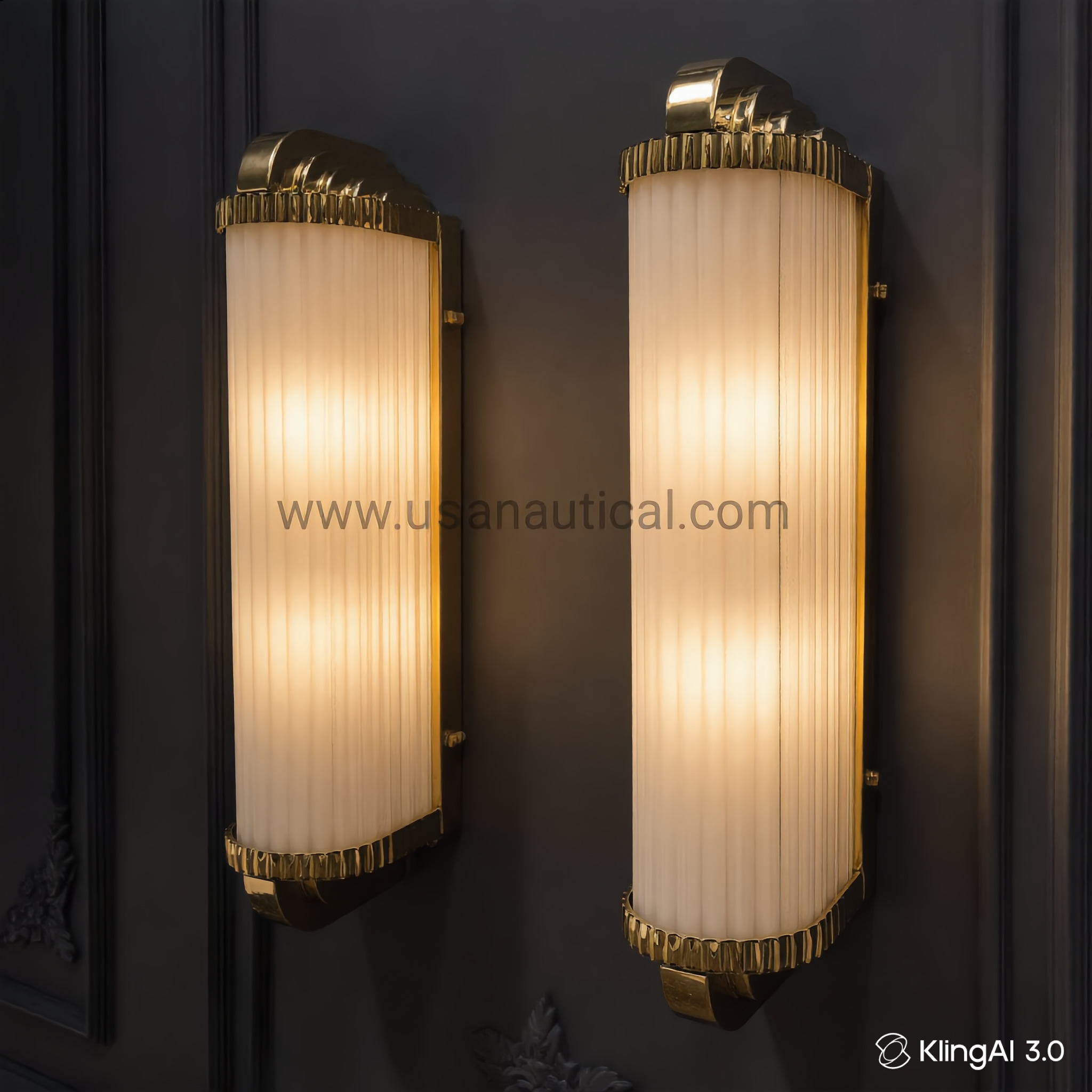 Pair Art Deco Brass Wall Sconces – Frosted Ribbed Glass Rod Light | Luxury Vintage Skyscraper Wall Lamps